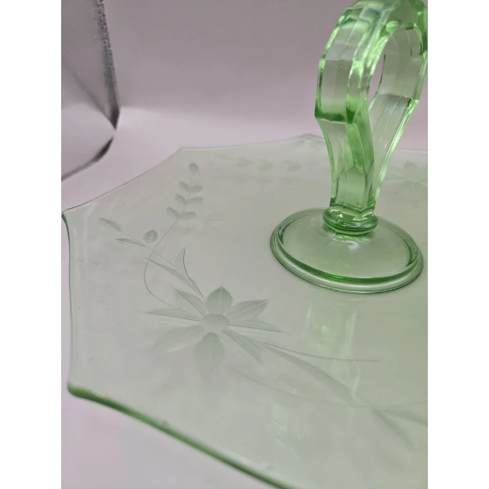 VTG Uranium Platter Glossy Depression Glass  Center Handle Octagon Floral Etched